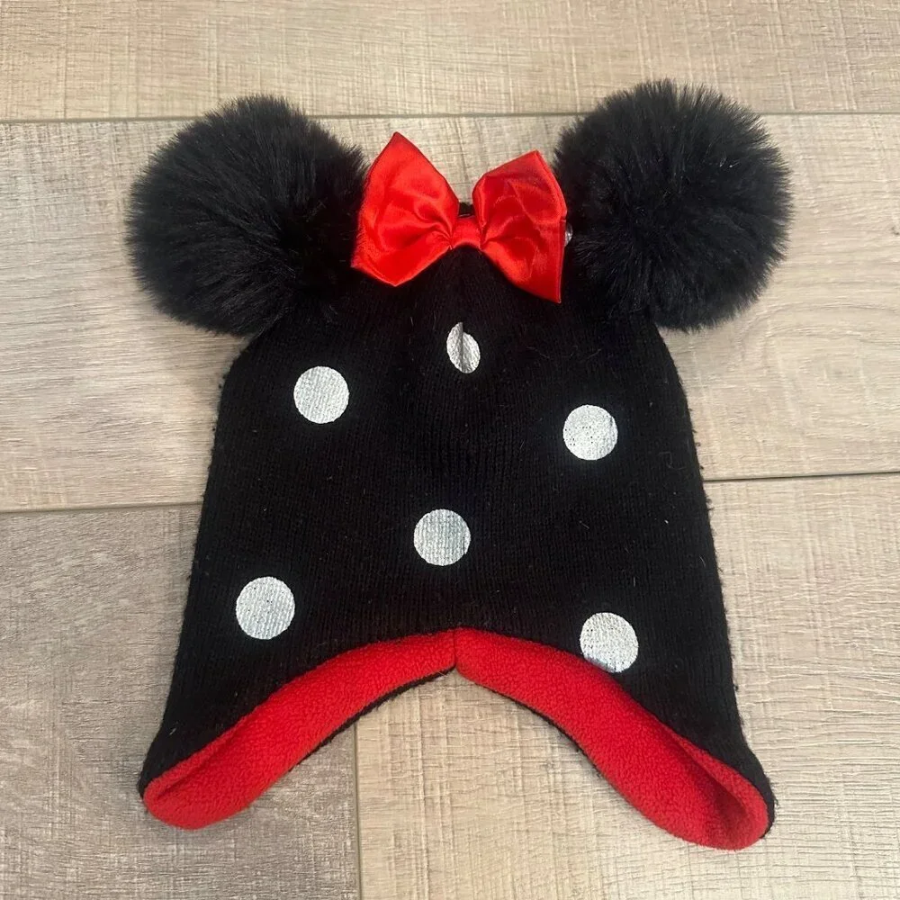 DISNEY YOUTH WINTER HAT TOBOGGIN MINNIE MOUSE WHITE POLKA DOTS